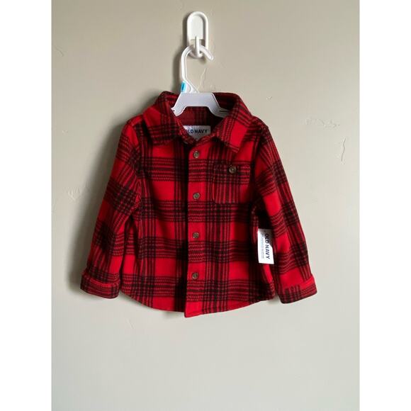 NWT Old Navy Black and Red Buffalo Plaid Fleece Button Up- size 12-18m - Picture 1 of 2